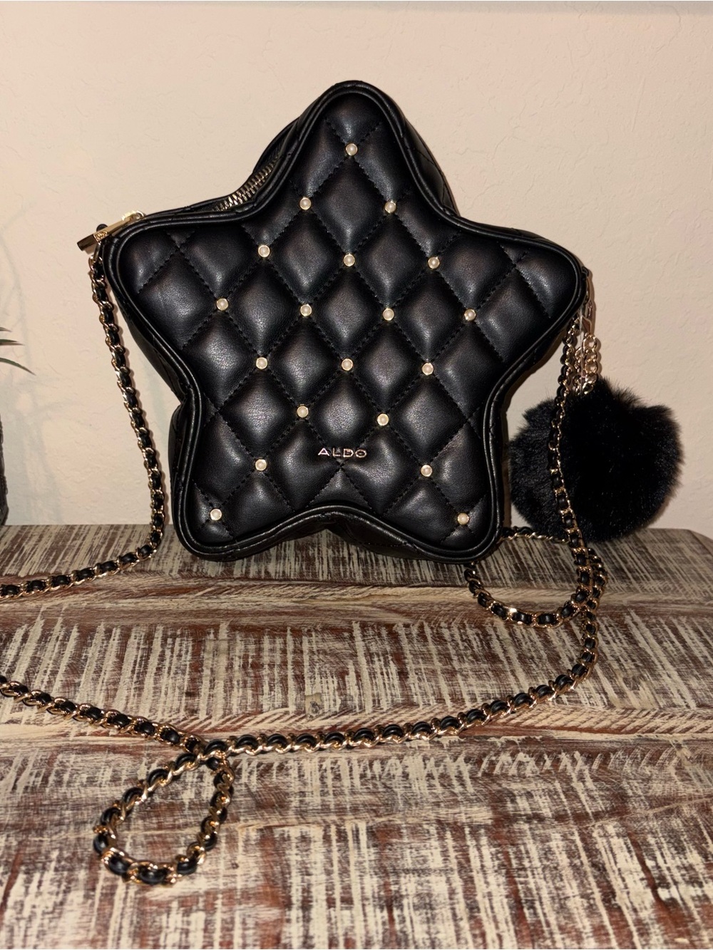 ALDO Black Quilted Star Crossbody Bag Pearl Studs Pom Pom